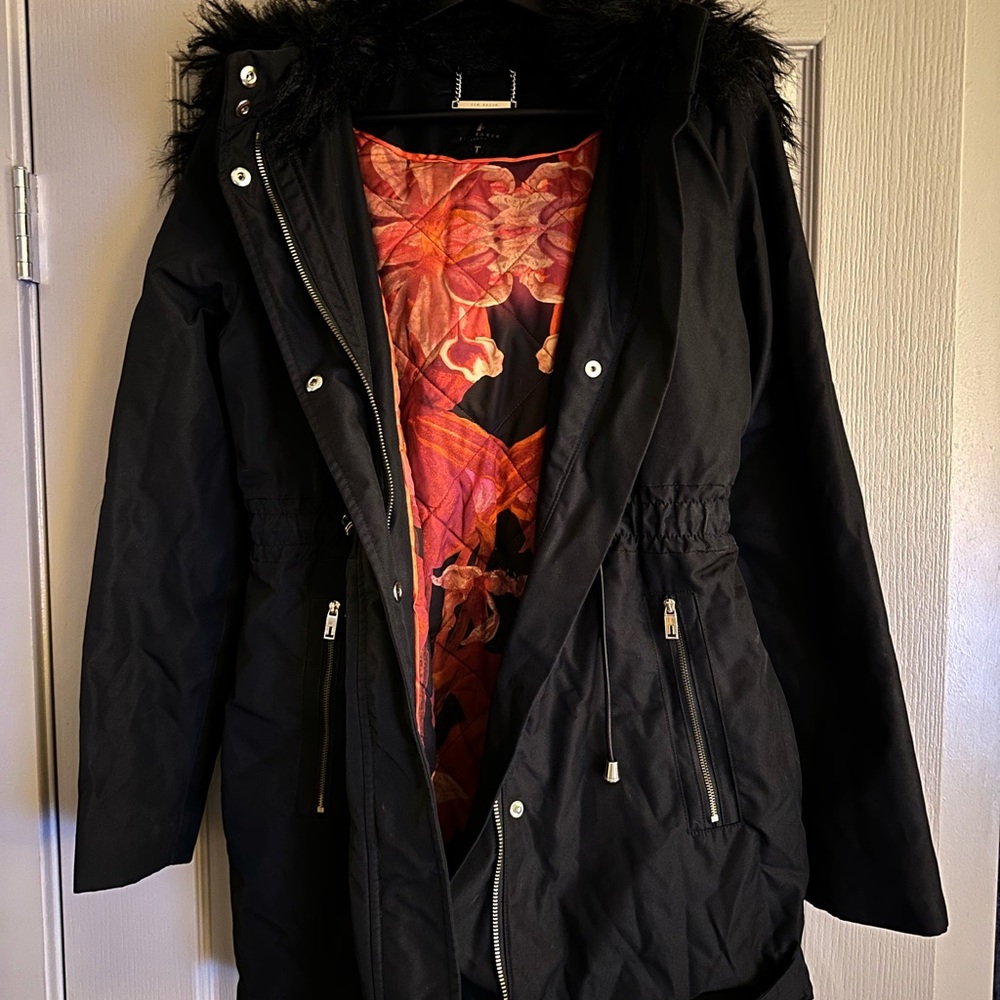 Ted Baker London Black Ski Jacket with Red Floral Lining